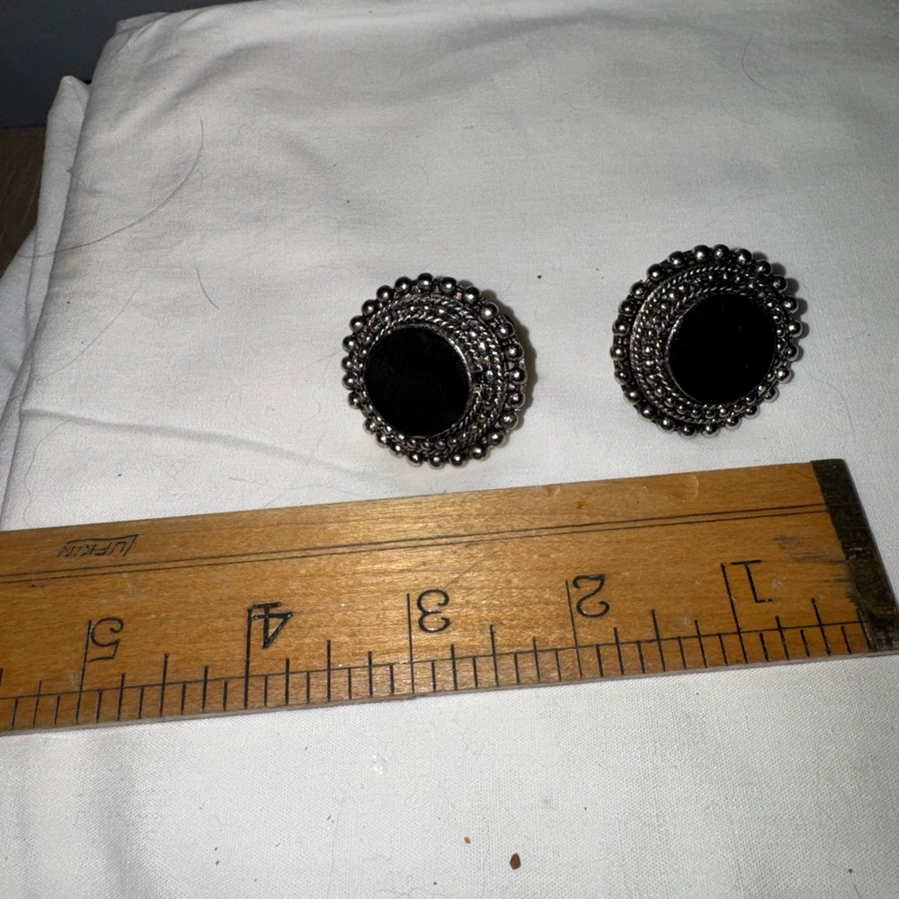 Vintage sterling black onyx handmade clip earrings chunky